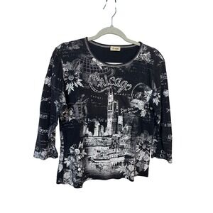 Y2K Cactus Chicago Windy City Skyline Rhinestone Graphic Top Black White Large
